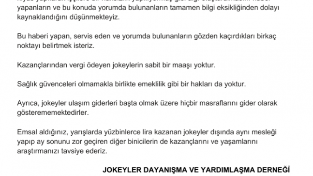 JOKEYLER DAYANIŞMA VE YARDIMLAŞMA DERNEĞİ’NDEN KAMOUYU BİLGİLENDİRMESİ