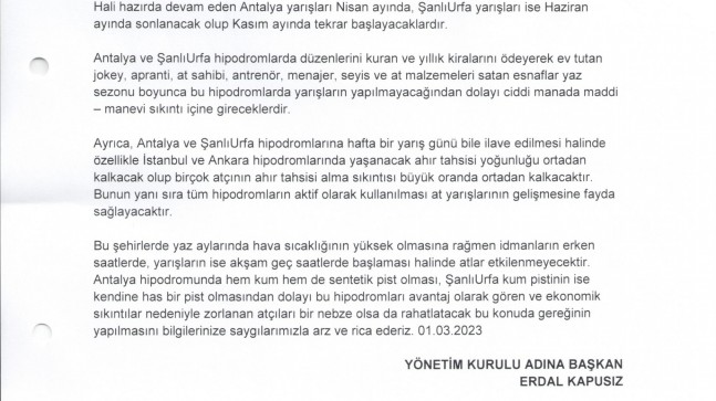 Antalya ve Şanlıurfa koşularının yaz sezonu yarış programına ilave edilmesi talebi hakkında…