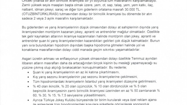 Yarış ikramiyelerinin arttırılması hakkında…