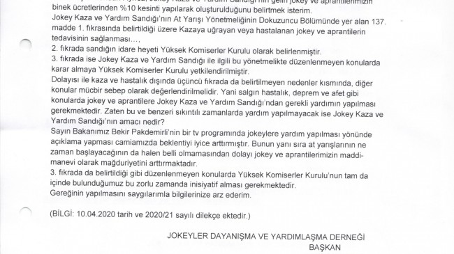 JOKEY KAZA VE YARDIM SANDIĞINDAN YARDIM YAPILMASI TALEBİ HAKKINDA
