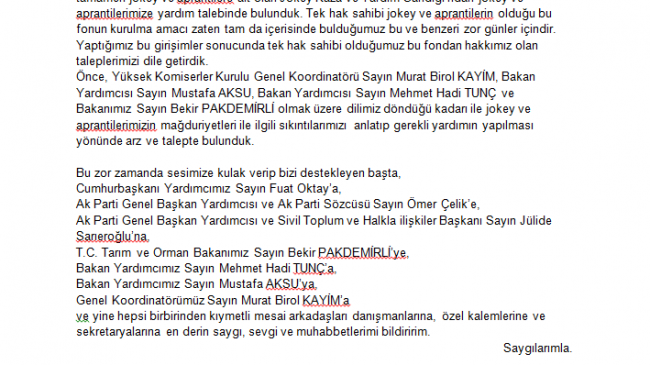 JOKEYLER DAYANIŞMA VE YARDIMLAŞMA DERNEĞİ’NDEN TEŞEKKÜR…