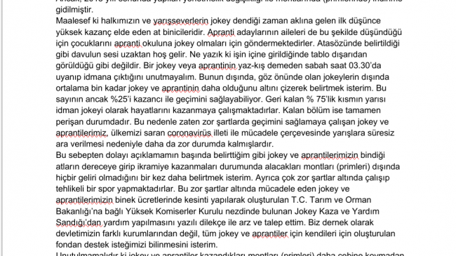 JOKEYLER DAYANIŞMA VE YARDIMLAŞMA DERNEĞİ’NDEN KAMUOYU BİLGİLENDİRMESİ
