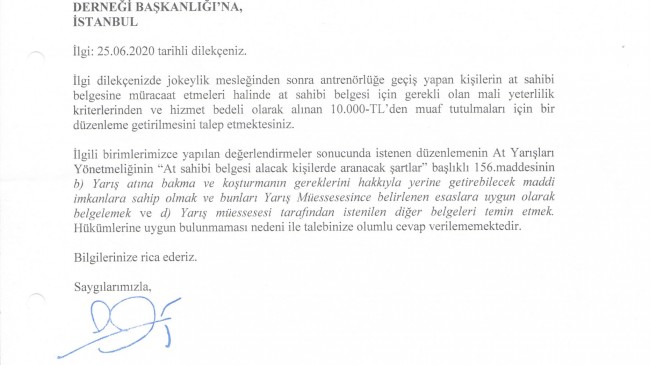 Antrenör lisansı olan kişilerin at sahibi belgesine başvuruları hk.