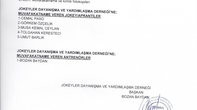 MUVAFAKATNAME VEREN JOKEY VE ANTRENÖRLER