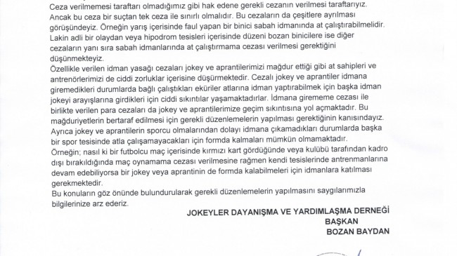 Jokey ve aprantilerin sabah idmanlarına giriş cezaları hakkında