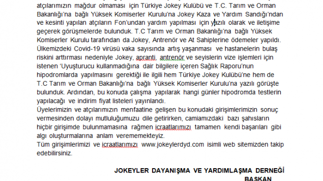 JOKEYLER DAYANIŞMA VE YARDIMLAŞMA DERNEĞİ’NDEN KAMUOYU BİLGİLENDİRMESİ…