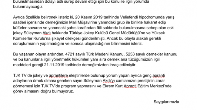 ESKİ JOKEY SÜLEYMAN AKDI HAKKINDA JOKEYLER DAYANIŞMA VE YARDIMLAŞMA DERNEĞİ’NDEN BİLGİLENDİRME…