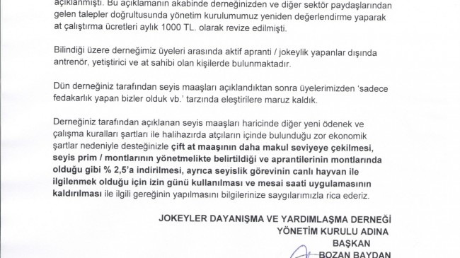 Seyis maaşlarının makul seviyeye çekilmesi ve yeni izin günleri ile mesai saatleri uygulamasının kaldırılması hakkında…