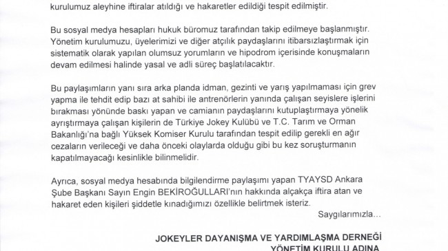JOKEYLER DAYANIŞMA VE YARDIMLAŞMA DERNEĞİ’NDEN KAMUOYUNA AÇIKLAMA…