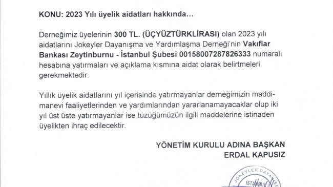 2023 Yılı üyelik aidatları hakkında