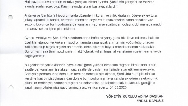 Antalya ve Şanlıurfa koşularının yaz sezonu yarış programına ilave edilmesi talebi hakkında…