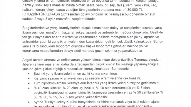 Yarış ikramiyelerinin arttırılması hakkında…
