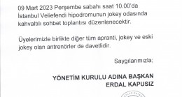 09 Mart Perşembe sabahı saat 10.00’da İstanbul hipodromunun jokey odasında sohbet toplantısı düzenlenecektir.