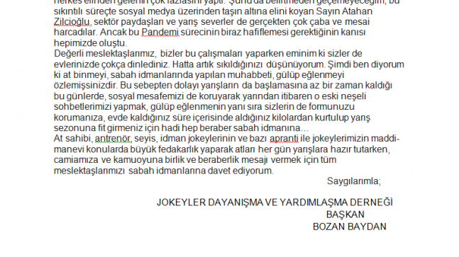 BAŞKANIMIZ BOZAN BAYDAN’DAN JOKEYLERE ÇAĞRI…