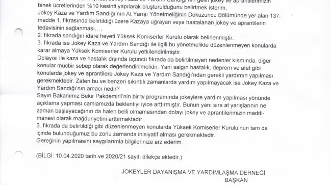 JOKEY KAZA VE YARDIM SANDIĞINDAN YARDIM YAPILMASI TALEBİ HAKKINDA