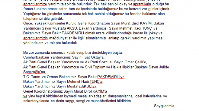 JOKEYLER DAYANIŞMA VE YARDIMLAŞMA DERNEĞİ’NDEN TEŞEKKÜR…