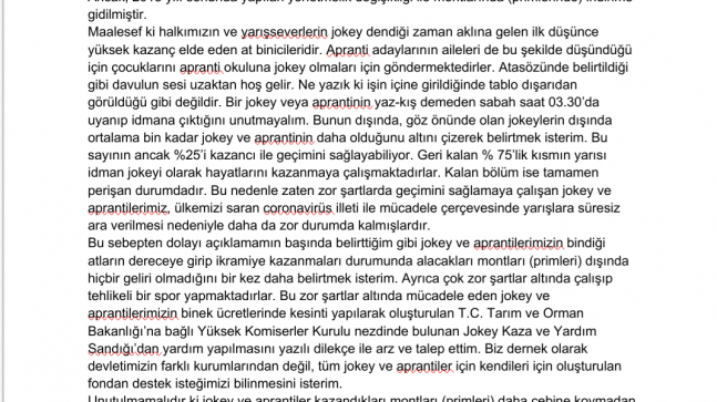 JOKEYLER DAYANIŞMA VE YARDIMLAŞMA DERNEĞİ’NDEN KAMUOYU BİLGİLENDİRMESİ