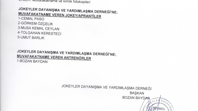 MUVAFAKATNAME VEREN JOKEY VE ANTRENÖRLER