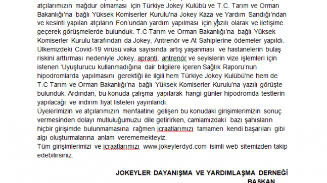 JOKEYLER DAYANIŞMA VE YARDIMLAŞMA DERNEĞİ’NDEN KAMUOYU BİLGİLENDİRMESİ…