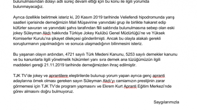 ESKİ JOKEY SÜLEYMAN AKDI HAKKINDA JOKEYLER DAYANIŞMA VE YARDIMLAŞMA DERNEĞİ’NDEN BİLGİLENDİRME…