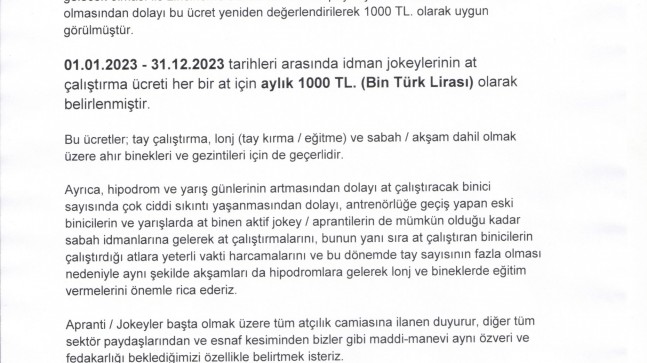 Yeniden değerlendirilerek belirlenen At çalıştırma ücretleri hakkında