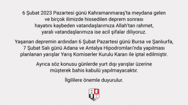 6 ve 7 Şubat 2023 günleri gerçekleştirilmesi planlanan yurt içi yarışları iptal edildi