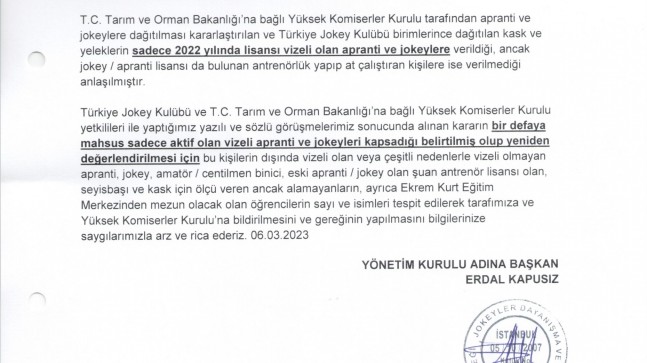 Apranti ve jokeyler haricinde eski jokey olan at çalıştıran antrenörlere de kask ve yelek verilmesi hakkında…
