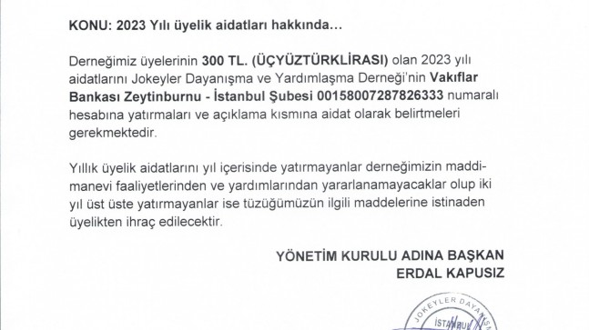 2023 Yılı üyelik aidatları hakkında