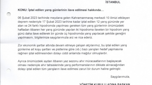 İptal edilen yarış günlerinin ilave edilmesi hakkında…