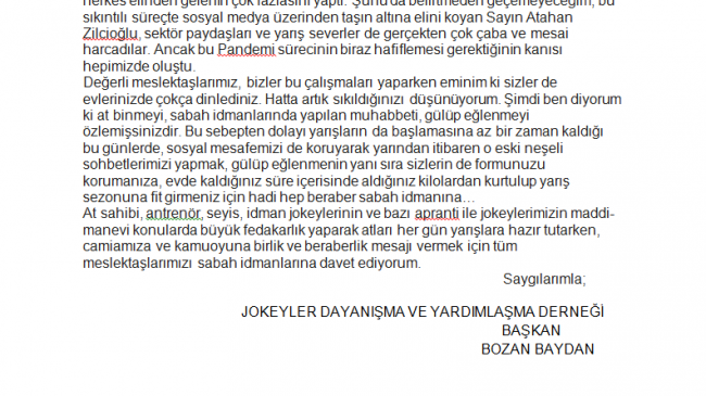 BAŞKANIMIZ BOZAN BAYDAN’DAN JOKEYLERE ÇAĞRI…