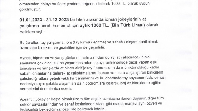 Yeniden değerlendirilerek belirlenen At çalıştırma ücretleri hakkında