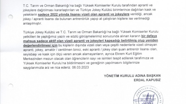 Apranti ve jokeyler haricinde eski jokey olan at çalıştıran antrenörlere de kask ve yelek verilmesi hakkında…