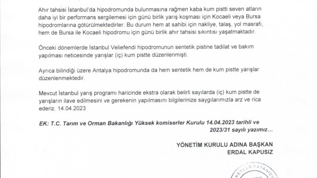 İstanbul yarış programlarına (iç) kum pist yarışları ilave edilmesi hakkında…
