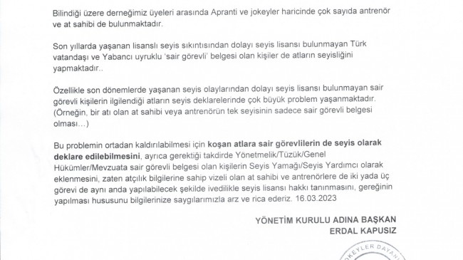 Koşan atlara sair görevlilerin de seyis olarak deklare edilebilmesi hakkında…