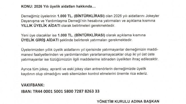 2026 Yılı üyelik aidatları hakkında…